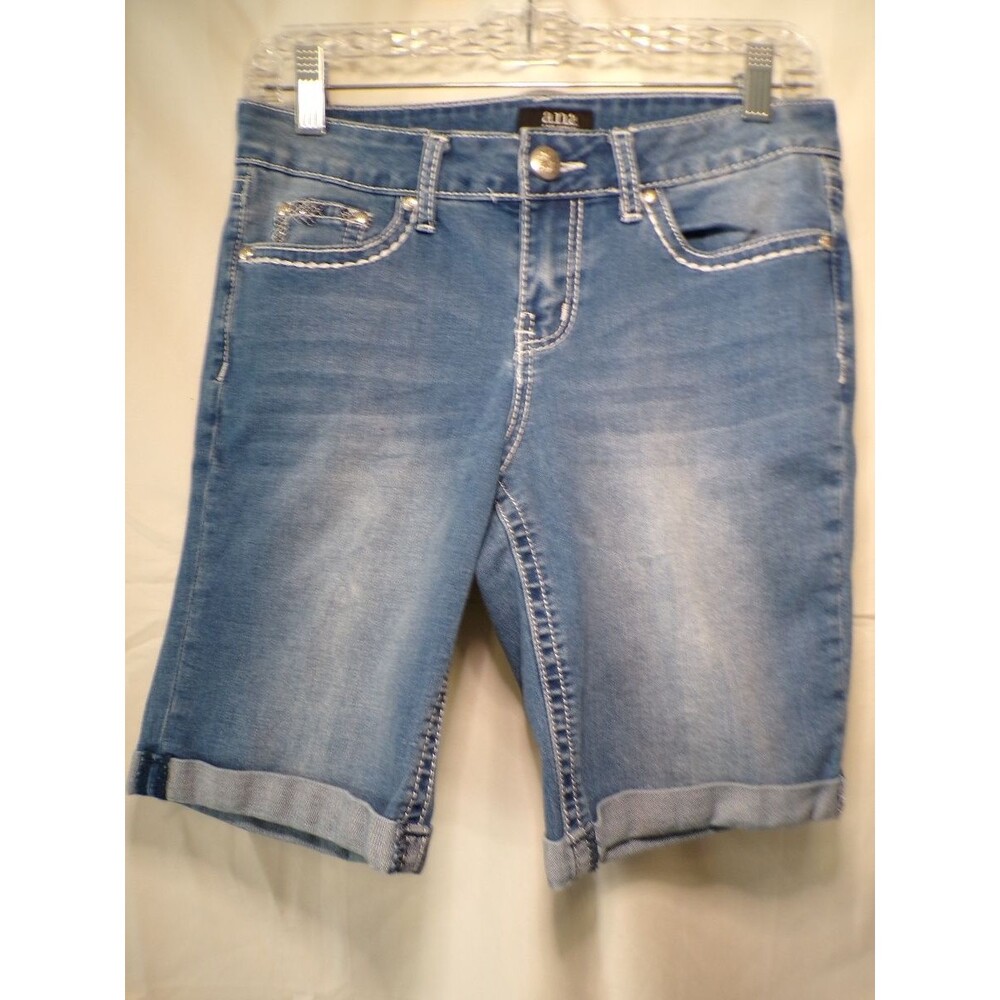 a.n.a Women's Size 4 Bermuda Denim Shorts Blue Cuffed Embellished Pockets